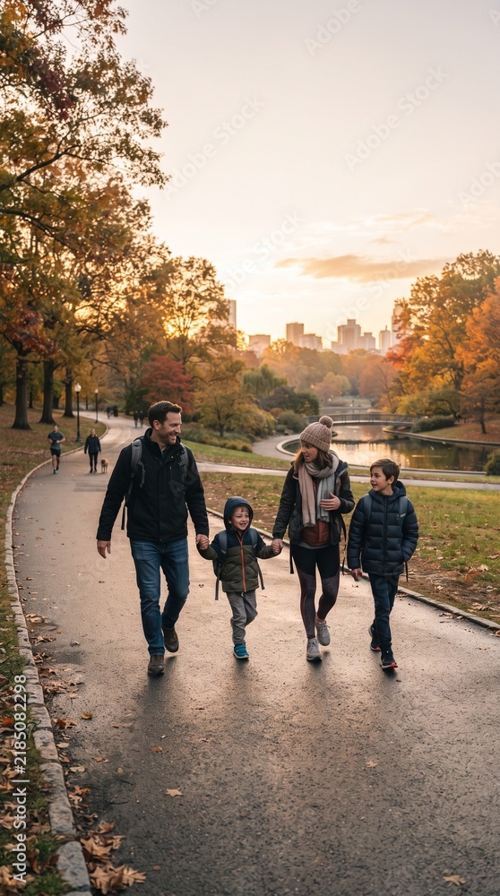Obraz premium Family walking in park during autumn sunset with city skyline