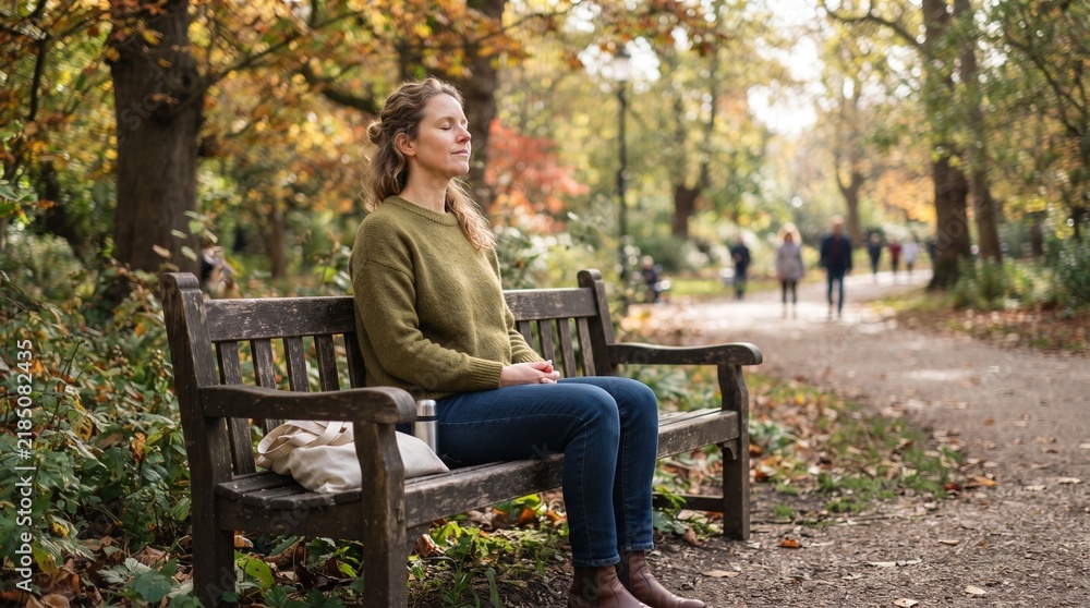 Obraz premium Woman meditating on a park bench in autumn