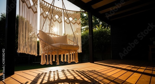 Bohemian Macrame Swing Chair On Sunlit Porch With Warm Afternoon Light