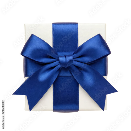 White gift box with a royal blue satin bow isolated on a transparent background