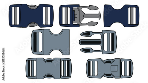 Two-Tone Quick Release Buckle CAD Vector Set, Precise Technical Hardware Blueprint Icons