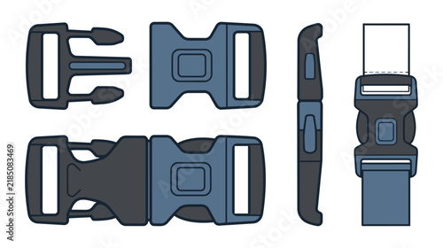 Quick Release Buckle CAD Vector Icon Set, Precise Technical Drafting with Two-Tone Design