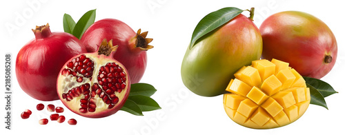 Fresh pomegranate and mango fruits with seeds and slices displayed on transparent background