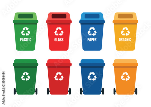 Foto Colorful Recycling Trash Bins Isolated on Flat Vector Illustration with Green, R