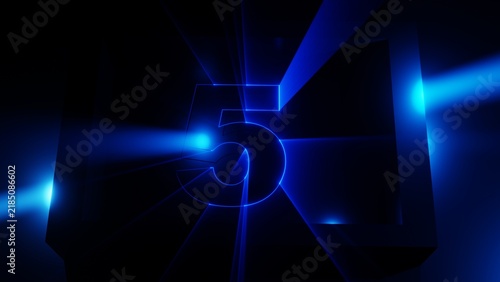 Cyberpunk blue neon number 5 countdown with volumetric laser lights