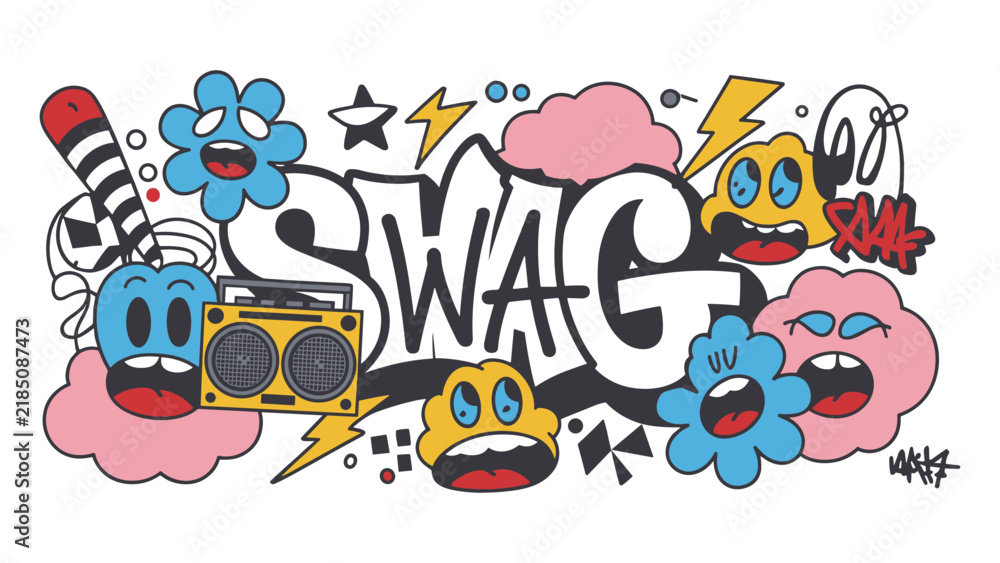 Fototapeta premium Graffiti Style 'SWAG' Illustration: A vibrant, cartoonish illustration featuring the word SWAG in bold graffiti lettering, surrounded by quirky characters, musical notes, and lightning bolts.
