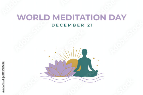 Meditation day featuring a silhouette of a person sitting in a lotus position with a purple lotus flower and sun on white background