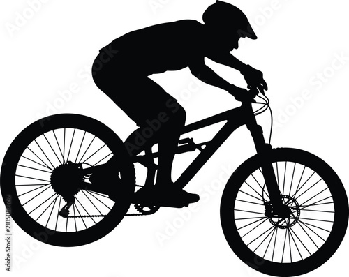 Black silhouette of a mountain biker riding a bicycle vector illustration isolated on white
