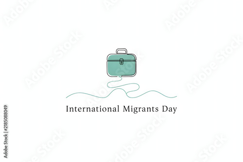 Minimalist for international migrants day with a teal briefcase and a wavy line path on a white background