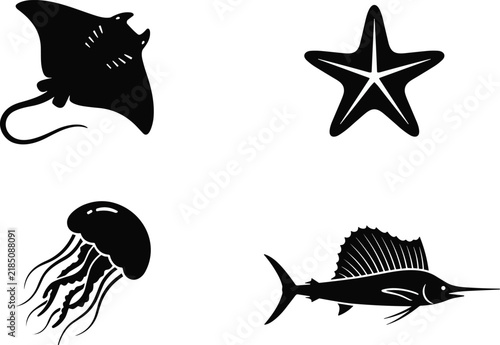 Marine life silhouette vector set with stingray starfish jellyfish and fish isolated on white