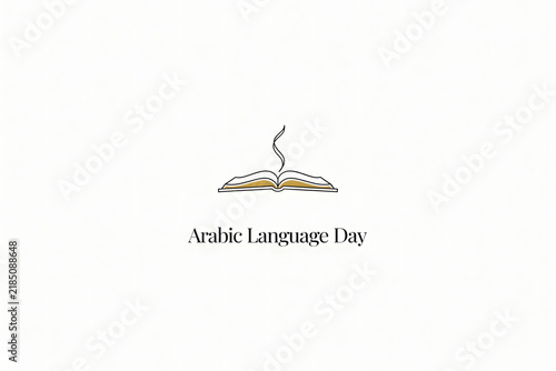 Minimalist arabic language day featuring an open book with a rising ink stroke and serif text on a plain white background