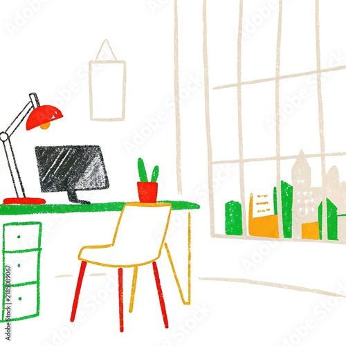 Hand drawn illustration of a home office desk with computer and city view drawing