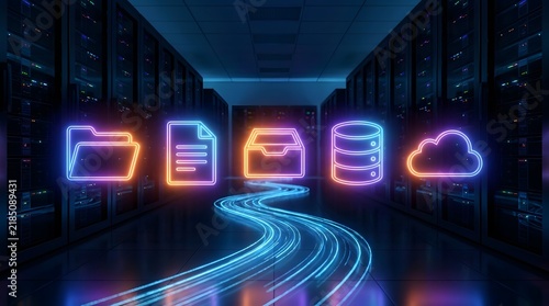 Futuristic Data Center with Glowing Neon Database Cloud and Folder Icons Representing Cloud Storage and Network Connectivity