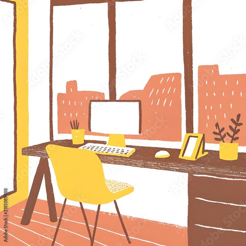 Hand drawn illustration of a workspace with desk chair and city window view drawing
