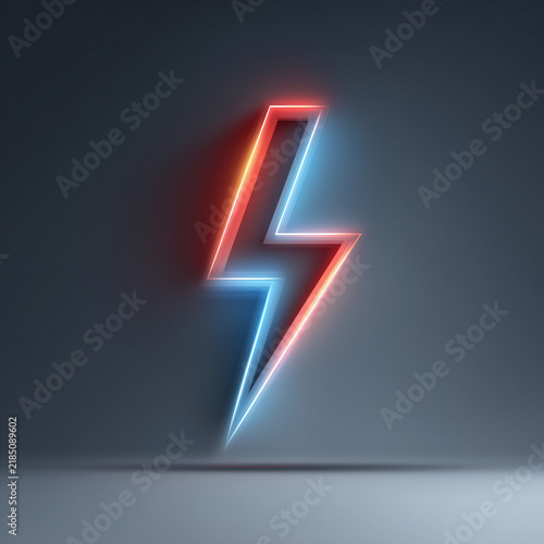 Logo, a vector graphic of a lightning bolt with a red and blue glow on a gray background, in a minimalistic style.