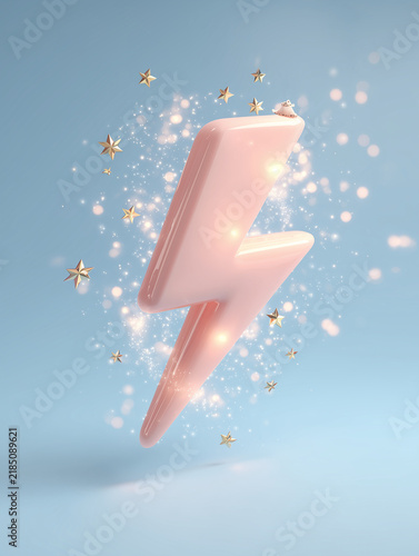 In a toy-like, rounded 3D style, there is a very large, softly glowing light salmon-pink lightning bolt 3D model in the center of the image. Stars.