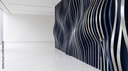 Sculptural metal wall with vertical wavy fins in a minimalist office