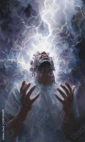 A figure with their head tilted back, mouth open showing expression of overwhelming amazement, hands raised toward the sky in reverence, surrounded by jagged lightning bolts and electrical energy.