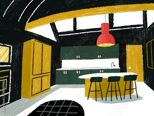 Hand Drawn Illustration of a Kitchen with Yellow Cabinets and Red Pendant Light interior