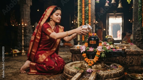 Woman Offering Prayer During Durga Puja