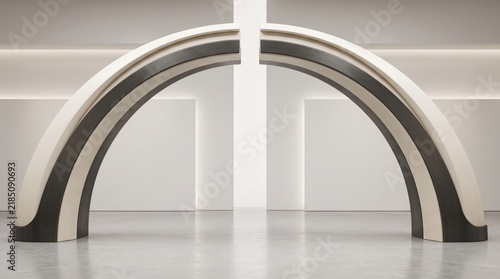 Two symmetrical curved architectural arches in a minimalist room