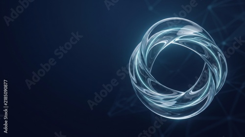 Transparent liquid glass torus loop on dark blue network background