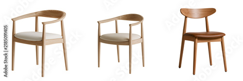 Set of A traditional kitchen chair featuring a solid wooden frame and gently curved backrest on transparent png background. Ai generated