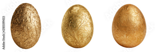 Set of A sophisticated golden Easter egg decorated with intricate scrollwork patterns and delicate raised details on transparent png background. Ai generated