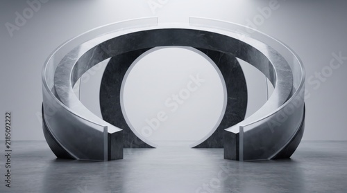 Interlocking circular stone arches in a minimalist gallery space