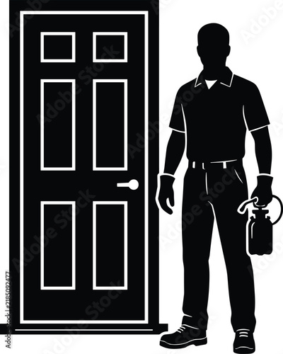 Photography Pest control worker with sprayer by door ready to exterminate insects