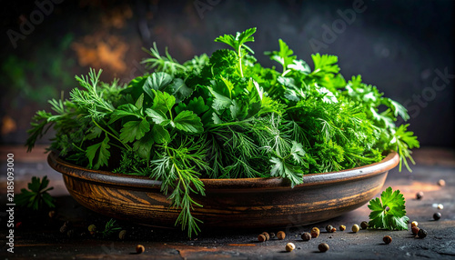 Fresh herb platter with dill parsley and cilantro, refined fine dining presentation
