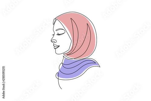 Muslim woman in hijab profile continuous line art minimalist vector.