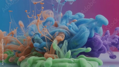 Colorful ink dispersing in water creating abstract patterns of blue purple and orange pigments mixing together in a fluid motion art background