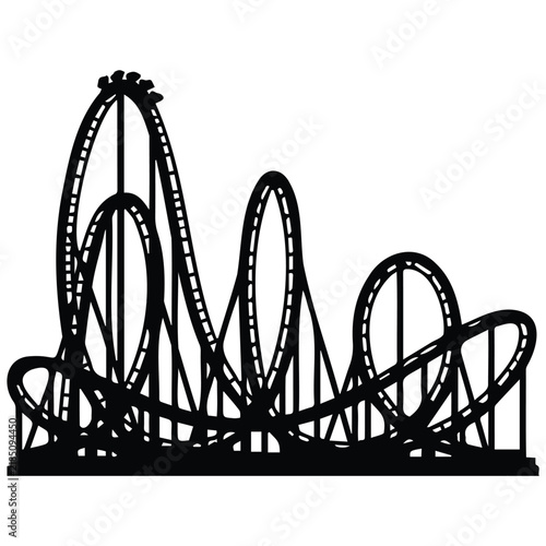 Canvas Print Black silhouette vector illustration of a thrilling rollercoaster ride with loops and turns