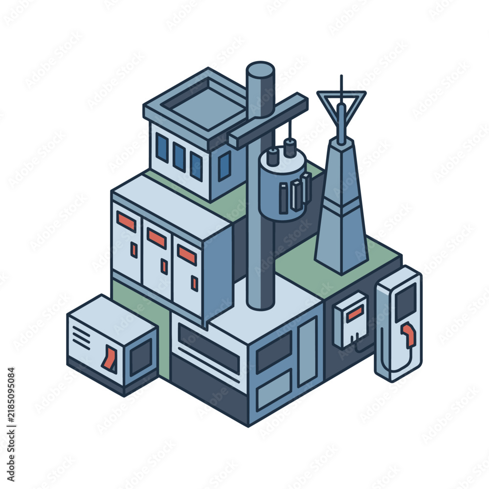 Obraz premium Professional Isometric of Data Center and Telecommunication Infrastructure with Servers Tower and Network Devices