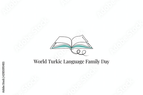 Turkic language family day featuring a single line open book with teal pages and black text on a white background