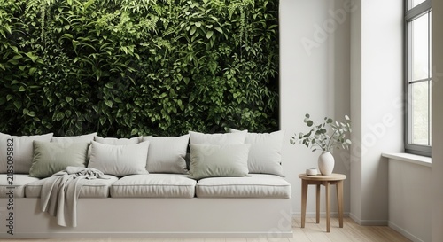 Serene Living Room With Lush Green Vertical Garden Wall Art