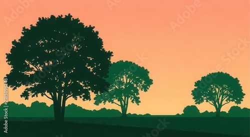 Serene Sunset Silhouette Of Trees And Rolling Hills