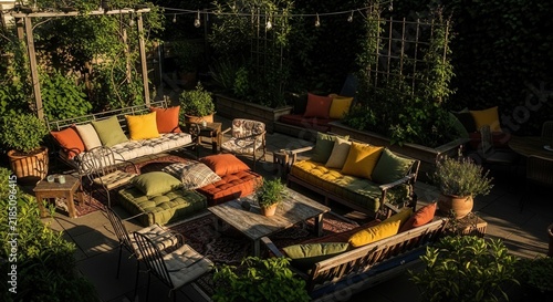 Serene Urban Oasis Lush Greenery And Comfortable Outdoor Seating Invites Relaxation
