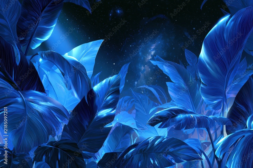 Obraz premium Blue tropical leaves in a cosmic nightscape