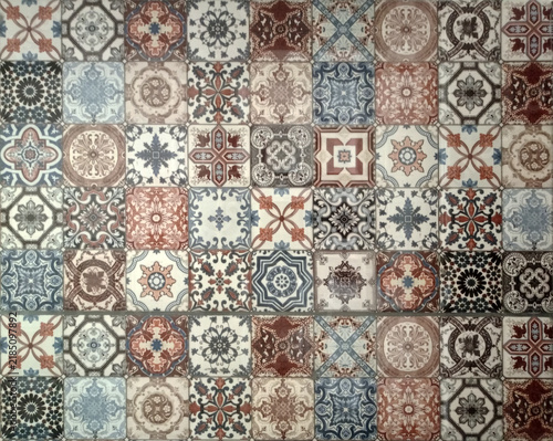 Checkered traditional European ceramic mosaic tile background pattern. Architectural mosaic detail, abstract background for street, bath and pool. Ornamental pattern for street and interior design