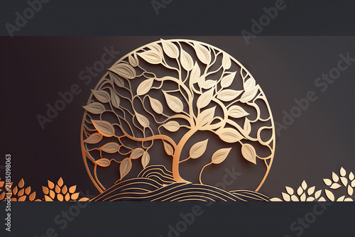 Elegant gold tree illustration with intricate foliage in a circular Art Deco style, symbolizing ecology and environmental conservation through a vintage creative design concept.