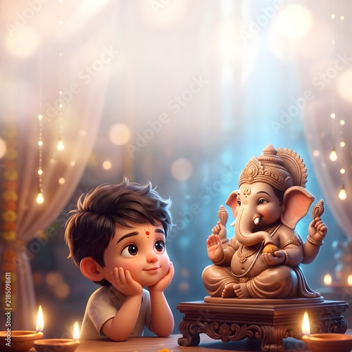 Adorable young boy looking at Lord Ganesha idol during Ganesh Chaturthi festival with divine light and oil lamps for spiritual celebration greeting cards.