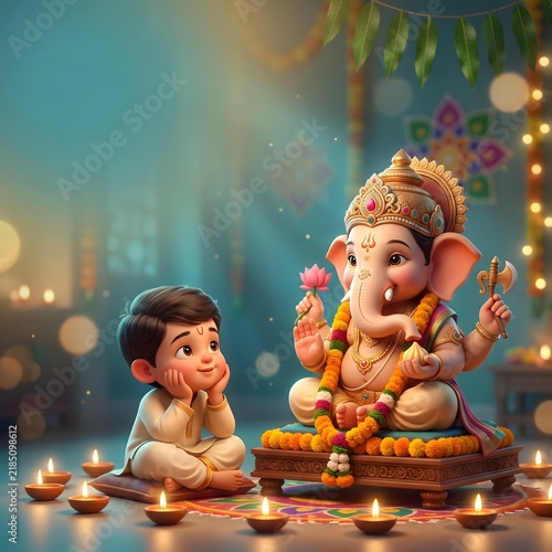 Adorable 3D illustration of a young boy admiring Lord Ganesha idol amidst glowing diyas and festive decorations for Ganesh Chaturthi celebration background.