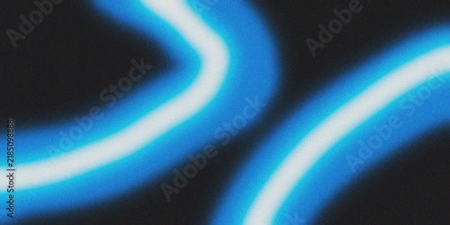 Abstract Blue Neon Light Waves with Soft Glow, Grain and Noise Texture on Dark Black Background