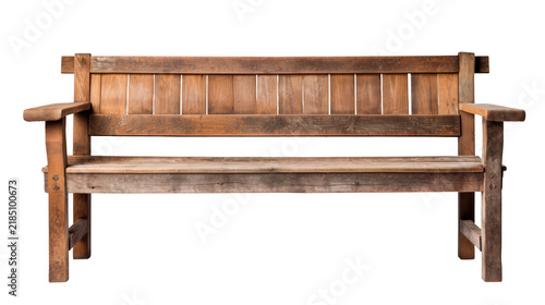 Weathered natural wood bench with vertical slat backrest isolated on transparent background.