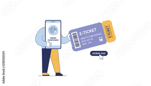 Successful digital mobile e-ticket purchase confirmation showing an electronic ticket on a cute smartphone character.
