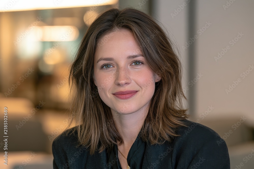 Obraz premium Bright head-and-shoulders portrait of a happy woman in business attire, direct gaze