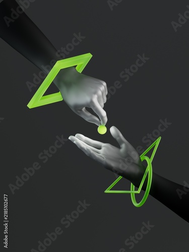 A hand transfers a glowing green orb to another hand, symbolizing exchange or connection. Modern 3D abstract artwork for theater, branding, or business presentations.