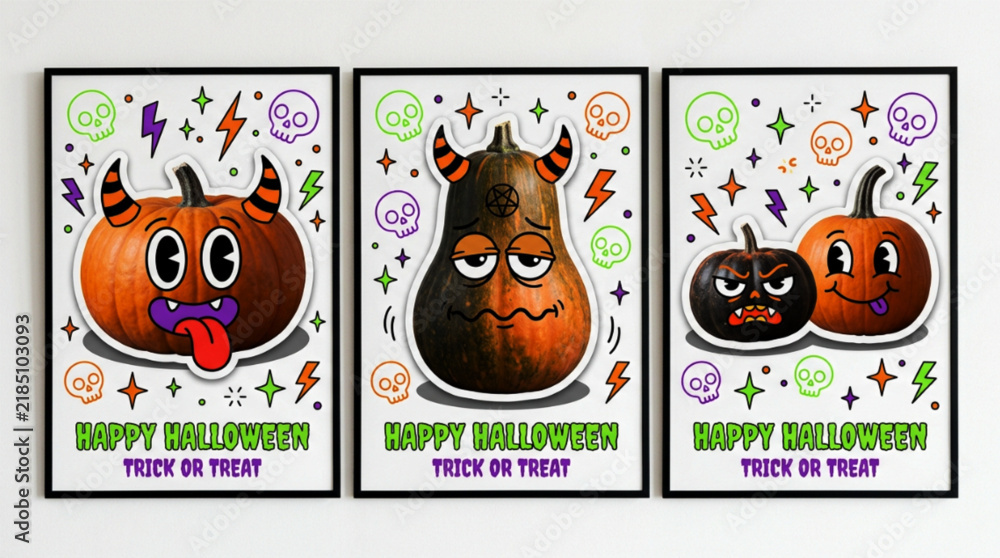 Fototapeta premium Three framed Halloween posters featuring cartoon pumpkins with devil horns and silly expressions on white backgrounds with neon skull icons and lightning bolt decorations for festive holiday.